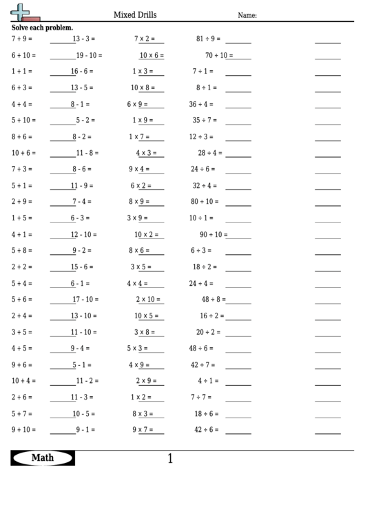 Mixed Drills - Math Worksheet With Answers printable pdf download