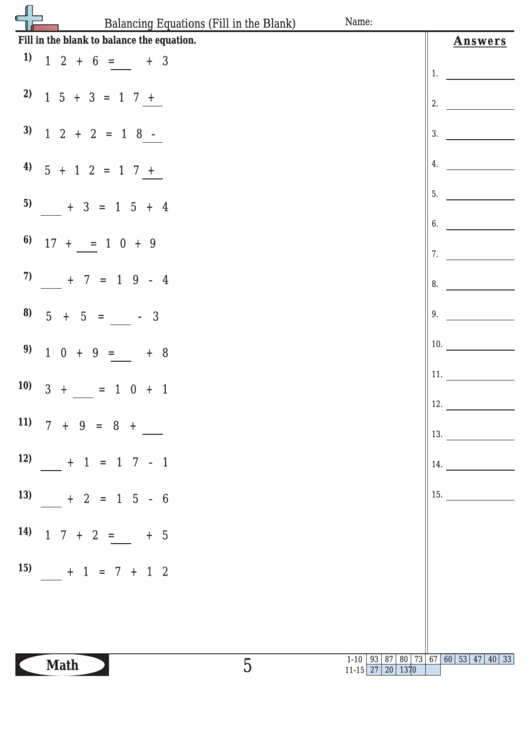 Balancing Equations (Fill In The Blank) - Equation Worksheet With