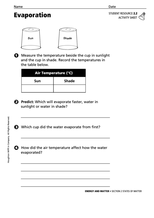 Evaporation Physics Worksheet Printable pdf