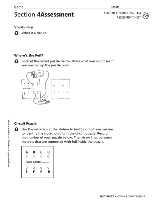 Section 4 Assessment Circuit Puzzles Physics Worksheet Printable pdf