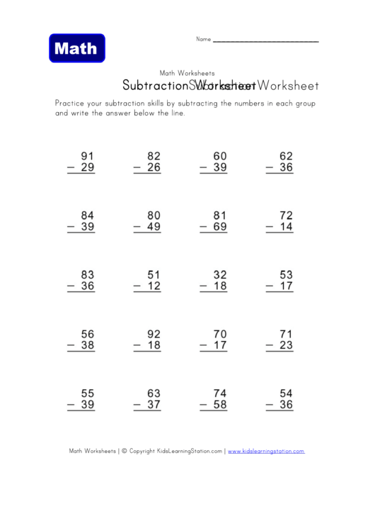 Subtraction Worksheet Printable pdf