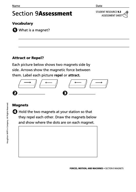 Section 9 Assessment Magnets Physics Worksheet Printable pdf