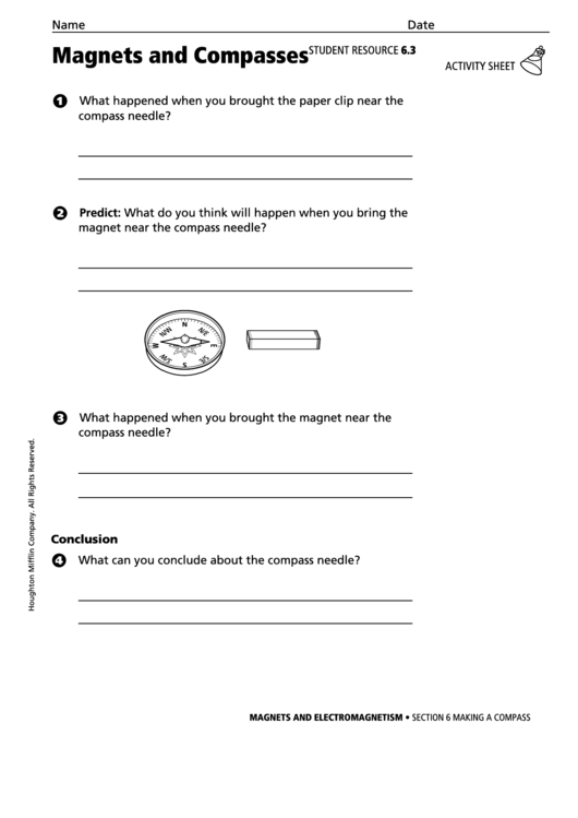 Magnets And Compasses Physics Worksheet Printable pdf