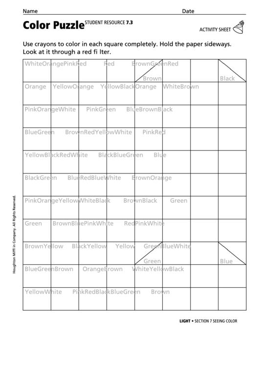 Color Puzzle Physics Worksheet Printable pdf