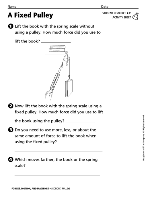 A Fixed Pulley Physics Worksheet Printable pdf