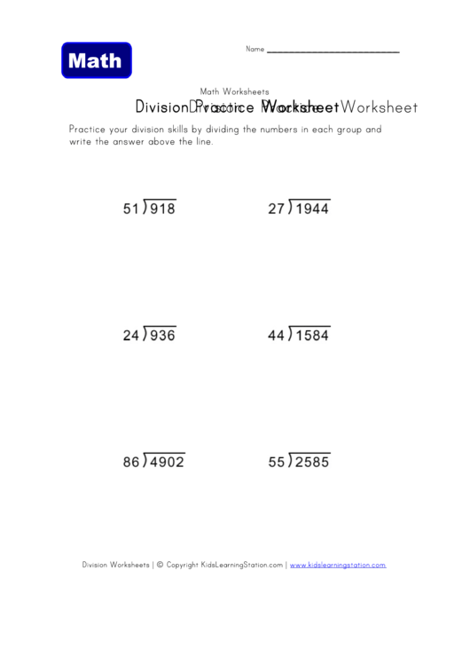 Division Practice Worksheet printable pdf download