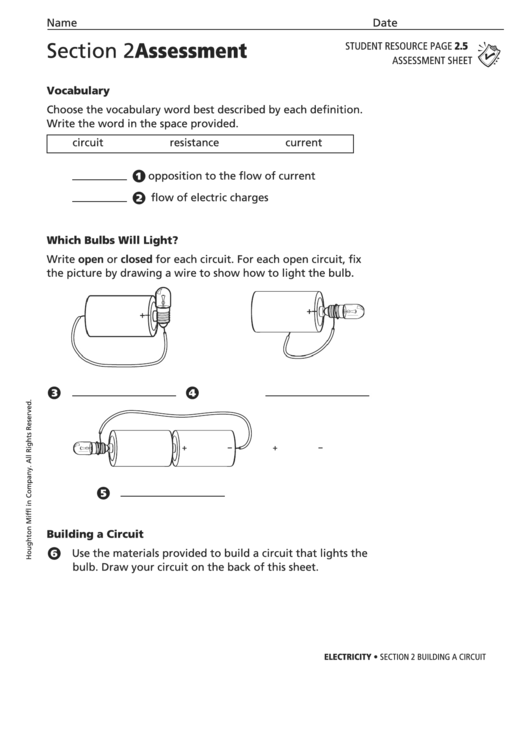 Section 2 Assessment Building A Circuit Physics Worksheet Printable pdf