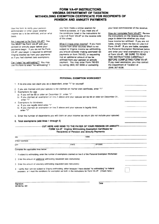 Form Va-4p - Withholding Exemption Certificate For Recipients Of Pension And Annuity Payments Printable pdf