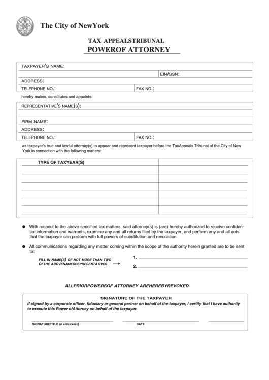 Tax Appeals Tribunal Power Of Attorney - City Of New York Printable pdf