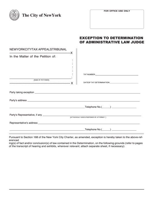 Form Exception To Determination Of Administrative Law Judge Printable pdf