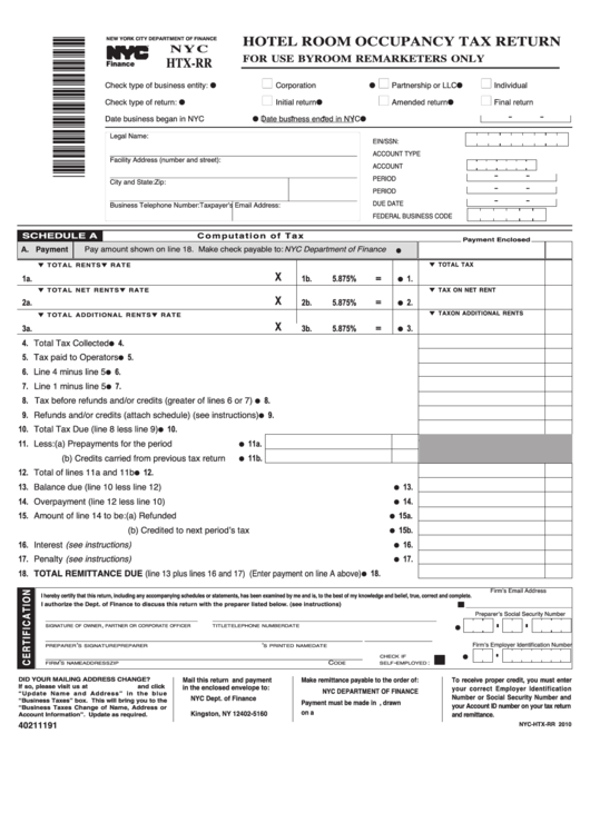 Form Nyc-Htx-Rr - Hotel Room Occupancy Tax Return For Use By Room Remarketers Only Printable pdf