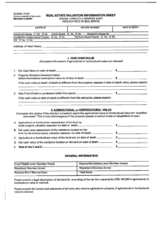 Form 92a204 - Real Estate Valuation Information Sheet Printable pdf
