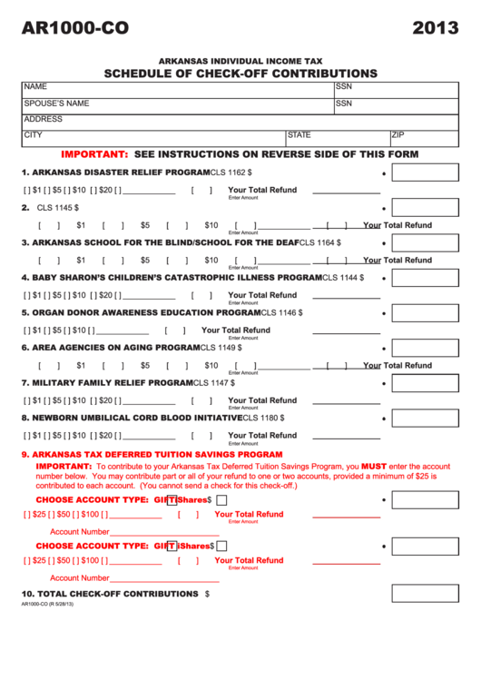 Fillable Form Ar1000-Co - Individual Income Tax - Schedule Of Check-Off Contributions - 2013 Printable pdf