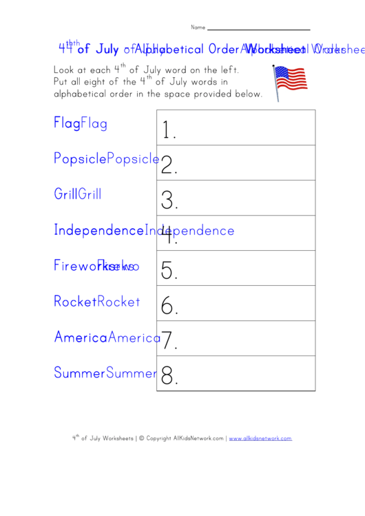 4th Of July Words In Alphabetical Order Worksheet Printable pdf