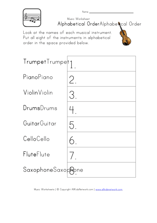 Music Instruments In Alphabetical Order Worksheet Printable pdf