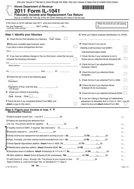 Fillable Form Il-1041 - Fiduciary Income And Replacement Tax Return Printable pdf