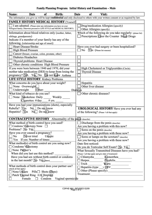 Initial History And Examination Form - Male - Family Planning Program Printable pdf