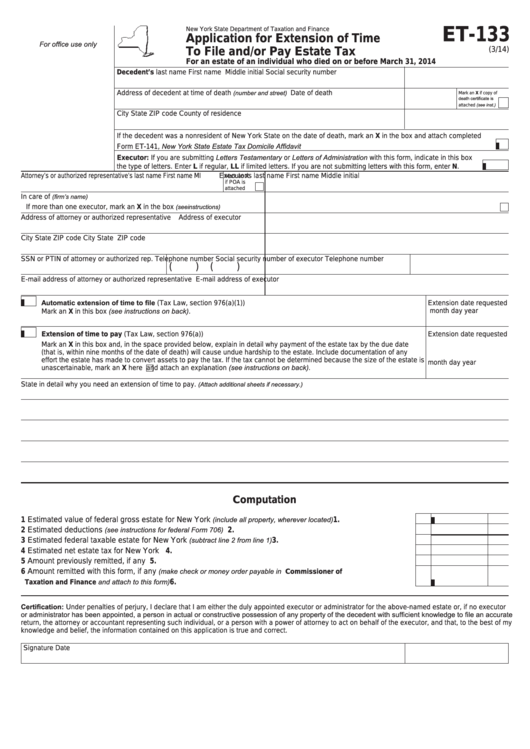 Form Et-133 - Application For Extension Of Time To File And/or Pay Estate Tax Printable pdf