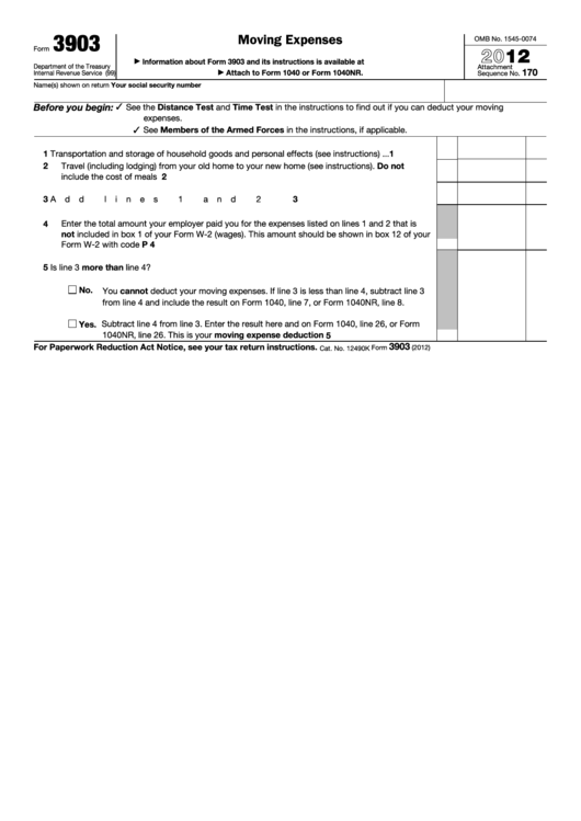 Fillable Form 3903 - Moving Expenses - 2012 Printable pdf