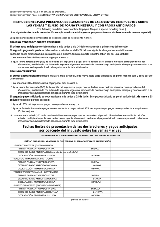 Form Boe-367-Sut - Instrucciones Para Presentar Declaraciones De Las Cuentas De Impuestos Sobre Las Ventas Y El Uso De Forma Trimestral Y Con Pagos Anticipados (Spanish) Printable pdf