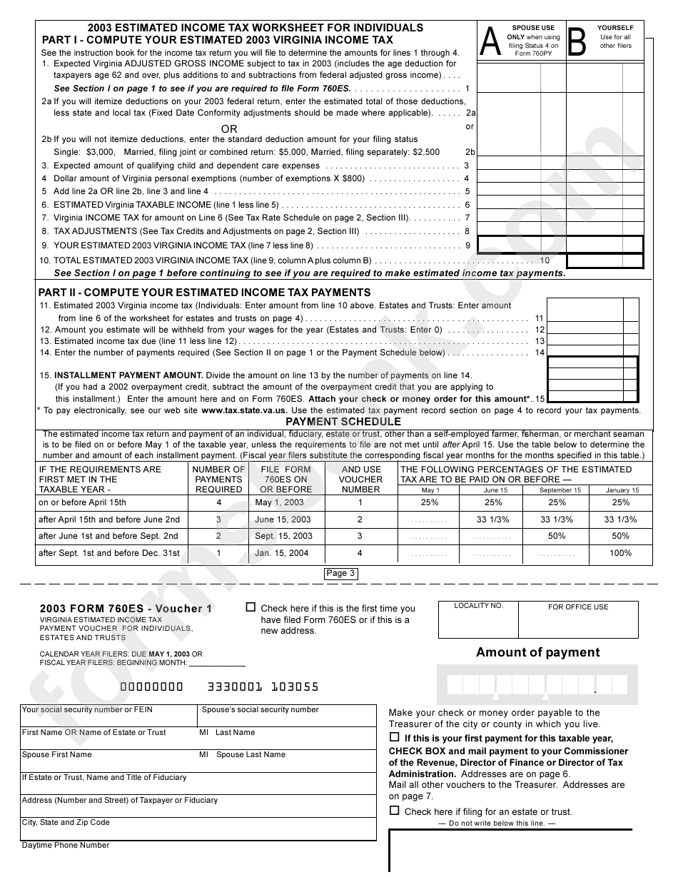 Form 760es - Estimated Income Tax Worksheet For Individuals - 2003