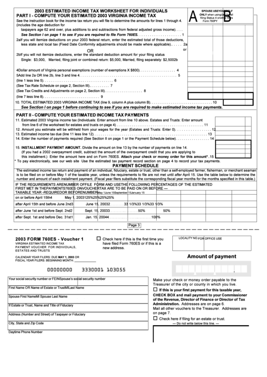 Form 760es - Estimated Income Tax Worksheet For Individuals - 2003 Printable pdf