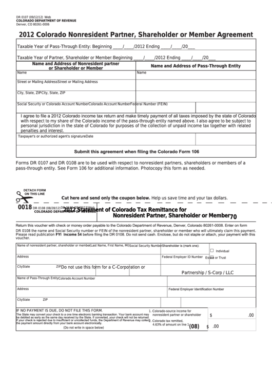 Fillable Form Dr 0107 - Colorado Nonresident Partner, Shareholder Or Member Agreement - 2012 Printable pdf