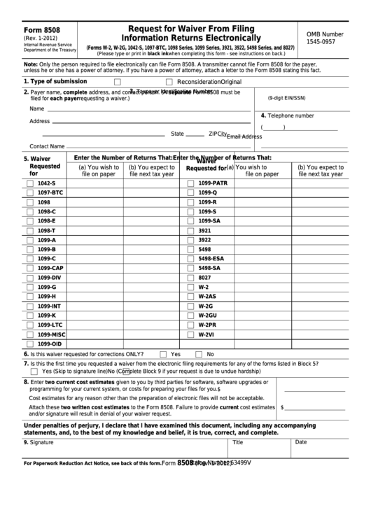 Fillable Form 8508 - Request For Waiver From Filing Information Returns Electronically Printable pdf