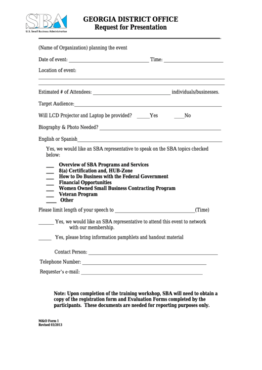 M&o Form 1 - Request For Presentation - Sba Form Printable pdf