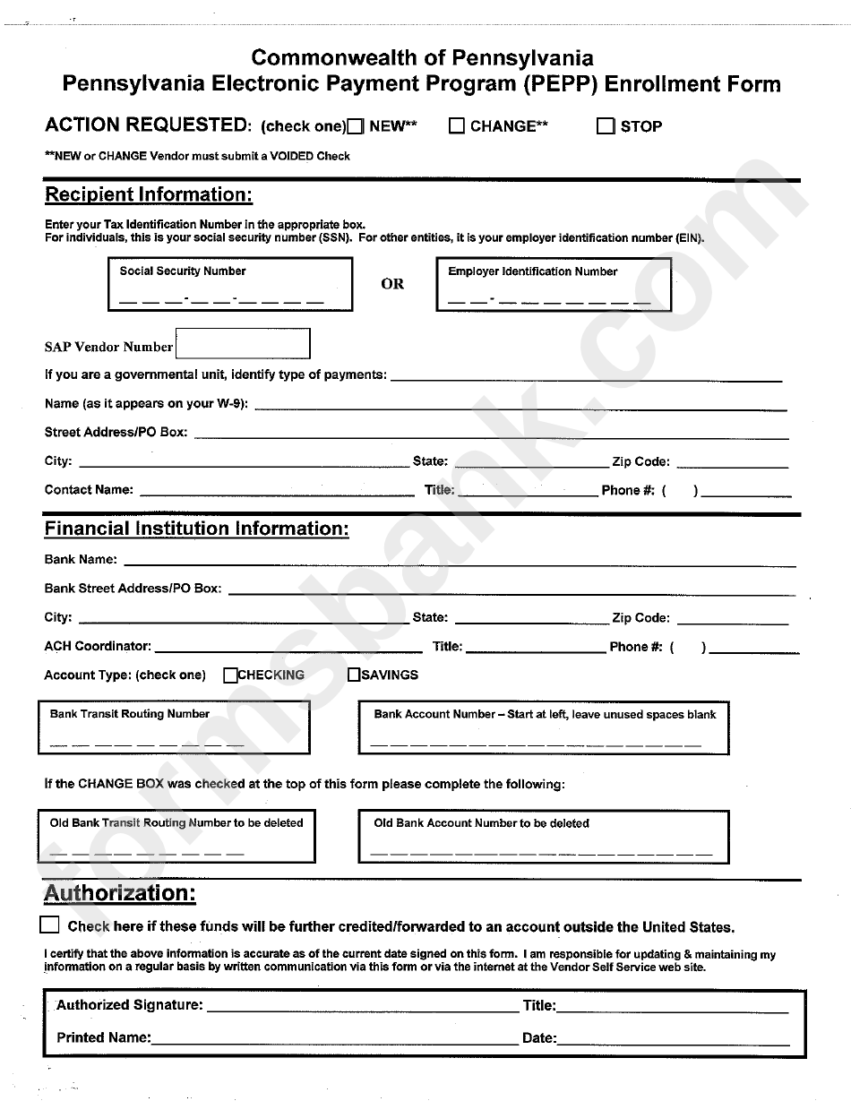 Pennsylvania Electronic Payment Programm (Pepp) Enrollment Form