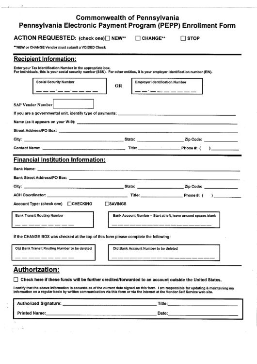 Fillable Pennsylvania Electronic Payment Programm (Pepp) Enrollment Form Printable pdf