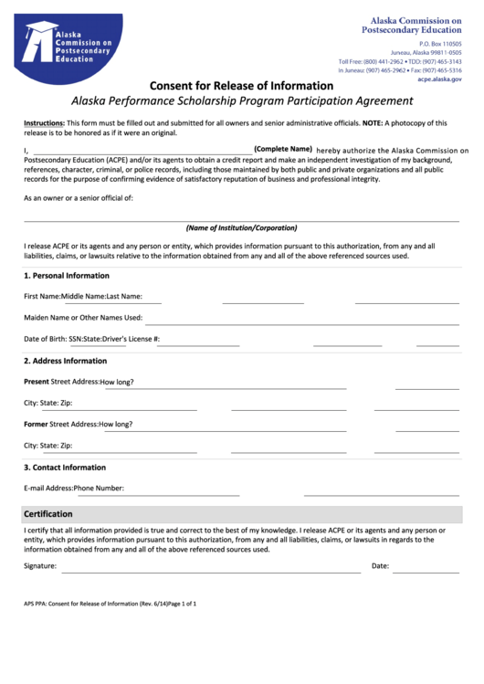 Fillable Consent For Release Of Information - Alaska Comission On Postsecondary Education Printable pdf