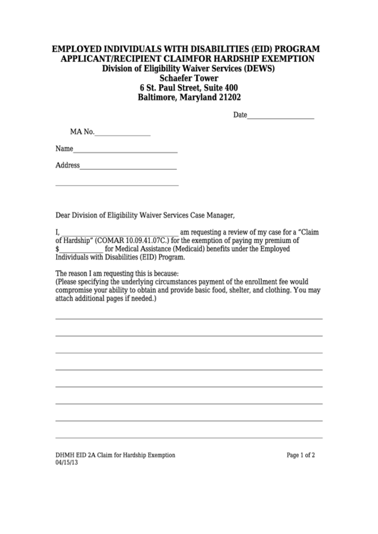 Applicant/recipient Claim For Hardship Exemption - Maryland Division Of Eligibility Waiver Services Printable pdf