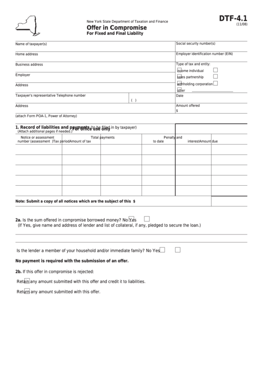 Fillable Form Dtf-4.1 - Offer In Compromise For Fixed And Final Liability Printable pdf