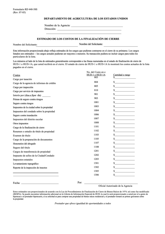 Formulario Rd 440-58s - Estimado De Los Costos De La Finalizacion De Cierre Printable pdf