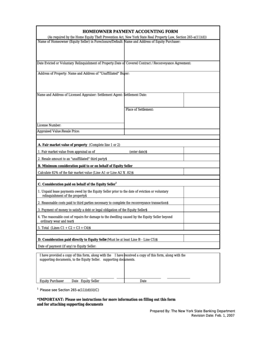 Homeowner Payment Accounting Form - New York State Banking Department Printable pdf