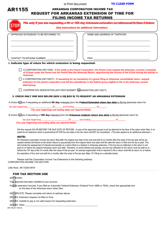 Fillable Form Ar1155 Request For Arkansas Extension Of Time For