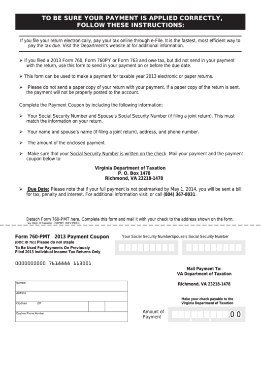 Fillable Form 760-Pmt - Payment Coupon - 2013 Printable pdf
