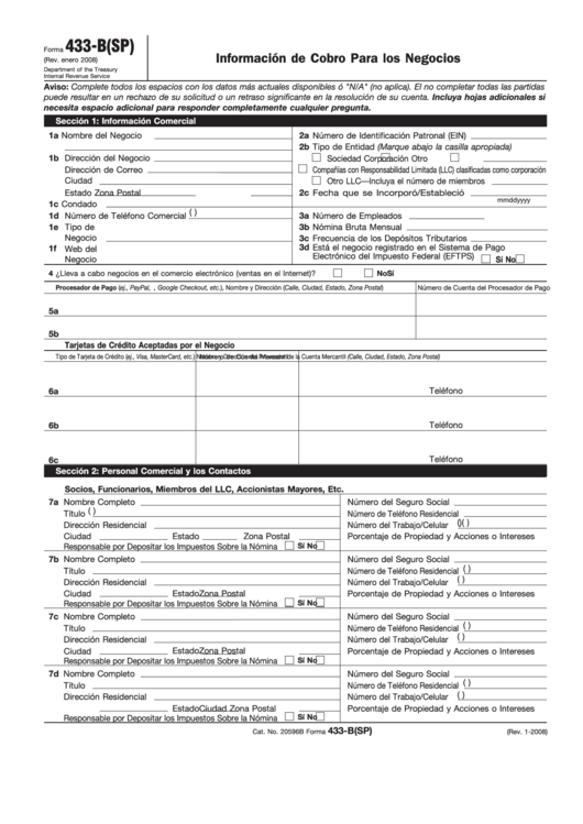 Fillable Forma 433-B(Sp) - Informacion De Cobro Para Los Negocios Printable pdf