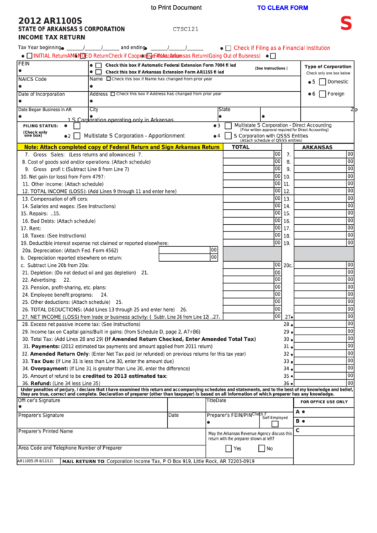 Fillable Form Ar1100s - State Of Arkansas S Corporation Income Tax Return - 2012 Printable pdf