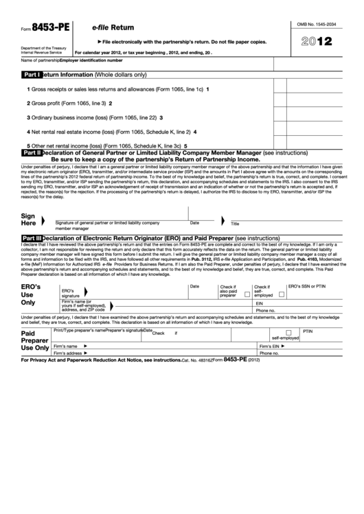 Form 8453-pe - U.s. Partnership Declaration For An Irs E-file Return - 2012