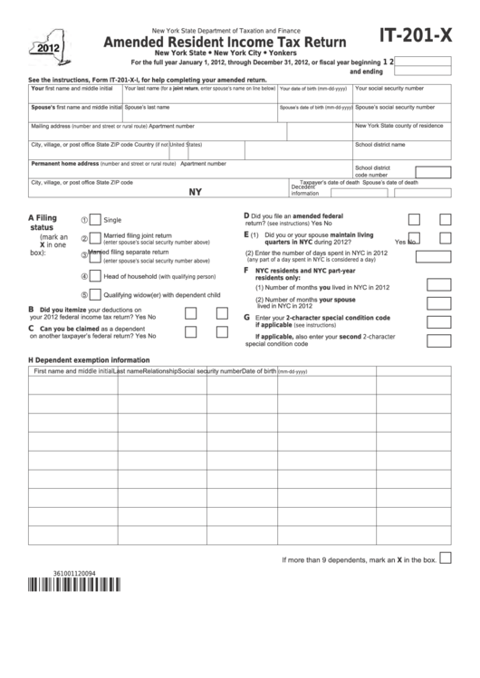 Fillable Form It-201-X - Amended Resident Income Tax Return - 2012 Printable pdf