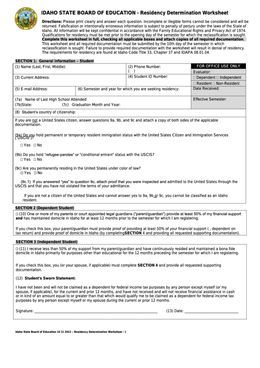 Residency Determination Worksheet - Idaho State Board Of Education Printable pdf