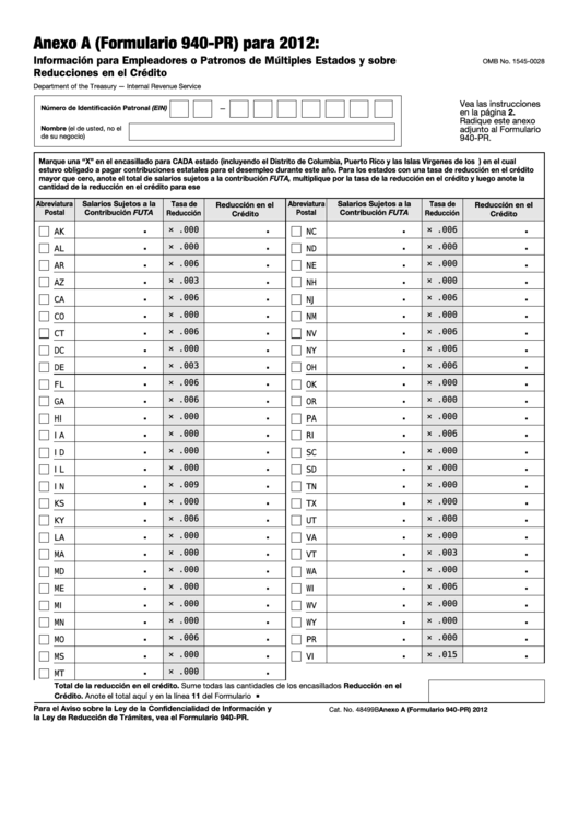 Fillable Anexo A (Formulario 940-Pr) - Informacion Para Empleadores O Patronos De Multiples Estados Y Sobre Reducciones En El Credito - 2012 Printable pdf