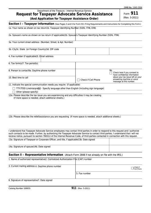 Fillable Form 911 - Request For Taxpayer Advocate Service Assistance Printable pdf