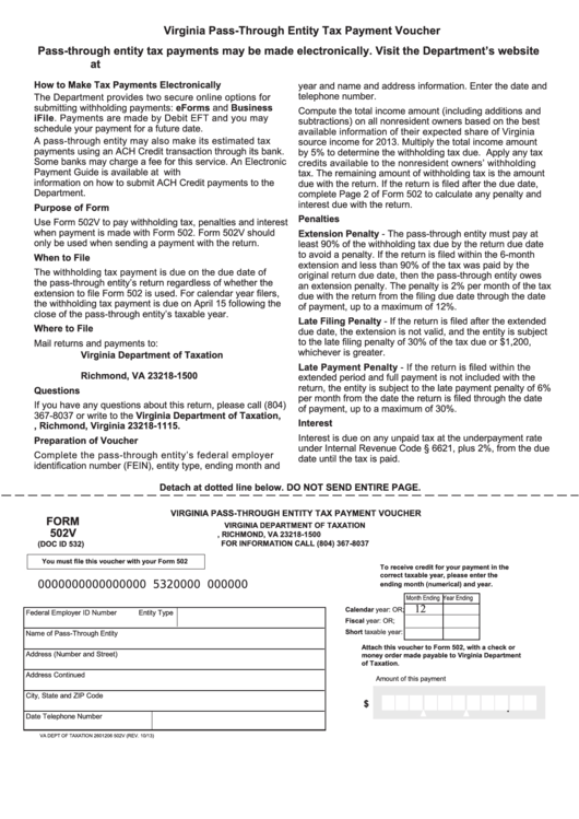 Fillable Form 502v - Virginia Pass-Through Entity Tax Payment Voucher Printable pdf