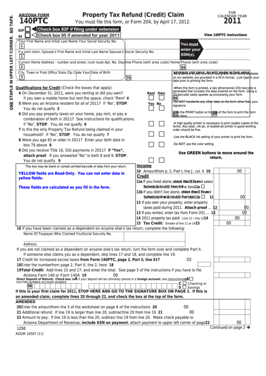 Fillable Arizona Form 140ptc - Property Tax Refund (Credit) Claim - 2011 Printable pdf