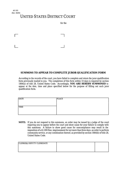 Fillable Form Ao 205 - Summons To Appear To Complete Juror Qualification Form - United States District Court Printable pdf