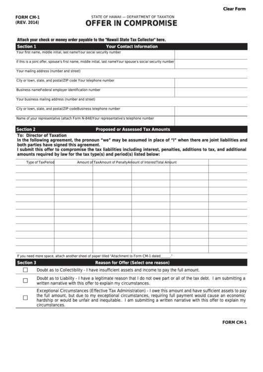 Fillable Form Cm-1 - Offer In Compromise Printable pdf