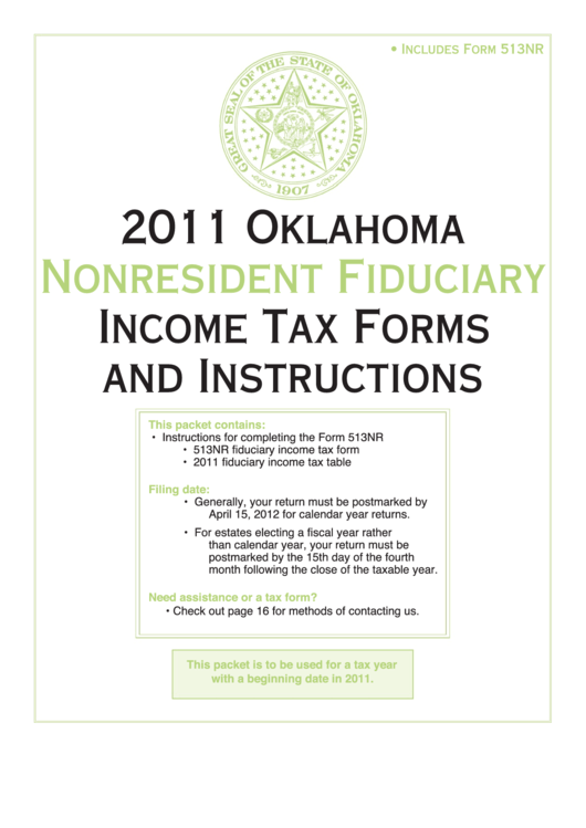 Fillable Form 513nr - Oklahoma Nonresident Fiduciary Return Of Income - 2011 Printable pdf